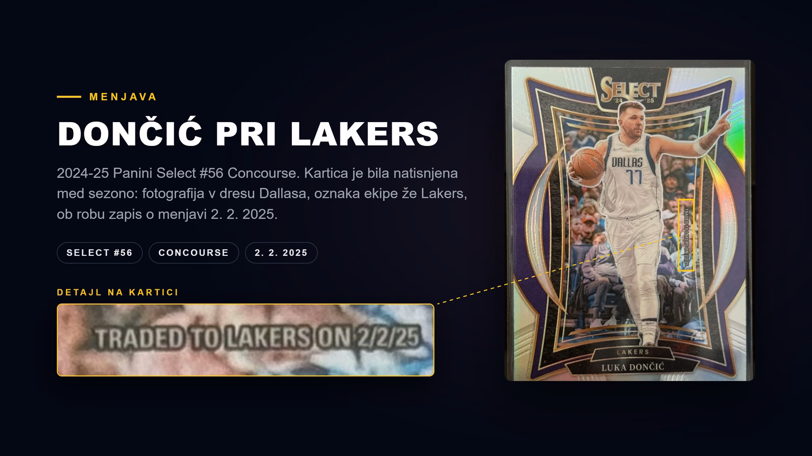 Dončićeva kartica 2024/25 Select #56: napis Lakers, dres Dallasa in žig "Traded to Lakers".